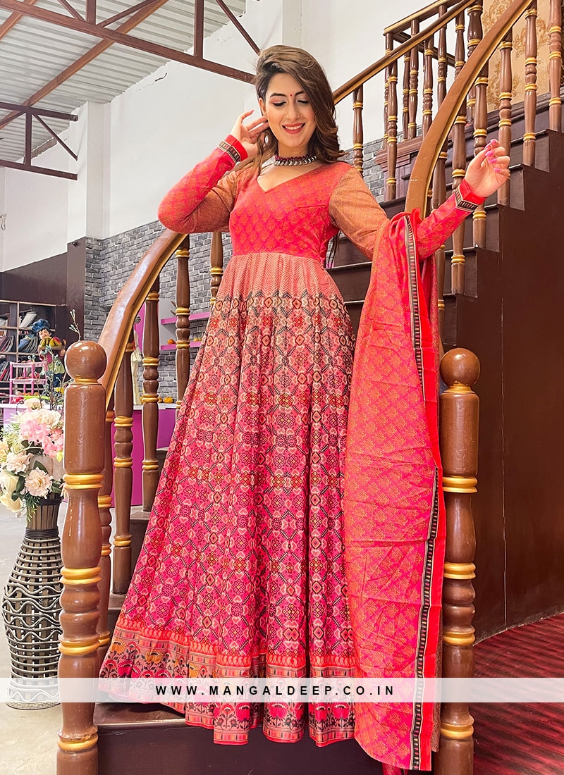 Red And Pink Digital Printed Floor Length Gown