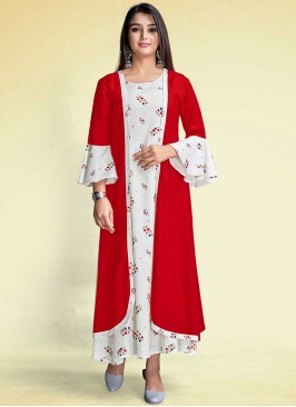 Red And White Color Rayon Kurti