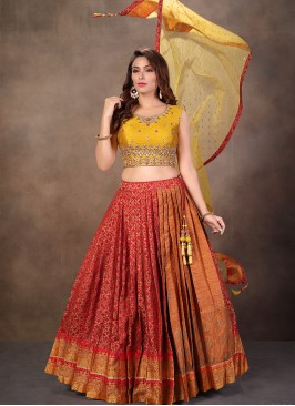 Red And Yellow Color Silk Printed Lehenga