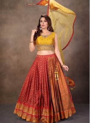 Red And Yellow Color Silk Printed Lehenga