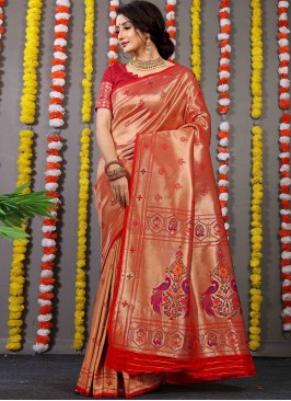 Red Banarasi Silk Contemporary Saree