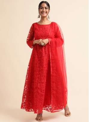 Red Ceremonial Net Trendy Salwar Suit