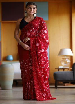 Red Color Applique Flower Saree