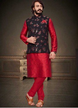 Red Color Art Silk Kurta With Jacket