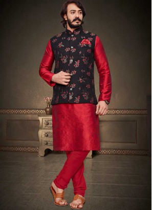 Red Color Art Silk Kurta With Jacket