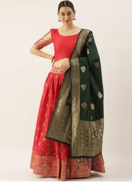 Red Color Banarasi Silk Mehndi Wear Lehenga