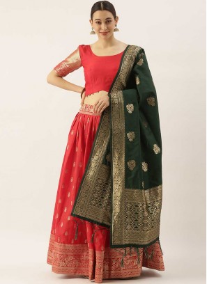 Red Color Banarasi Silk Mehndi Wear Lehenga