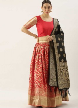 Red Color Banarasi Silk Mehndi Wear Lehenga