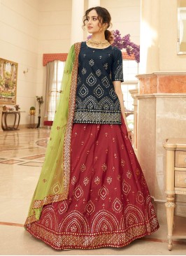 Red Color Chiffon Gota Patti Work Lehneg With Long Top