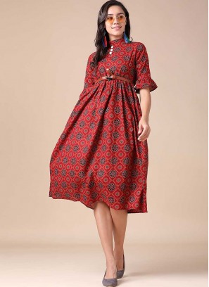 Red Color Cotton Classic Kurti With Belt