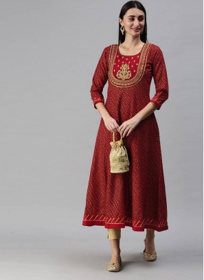 Red Color Cotton Printed Long Kurti