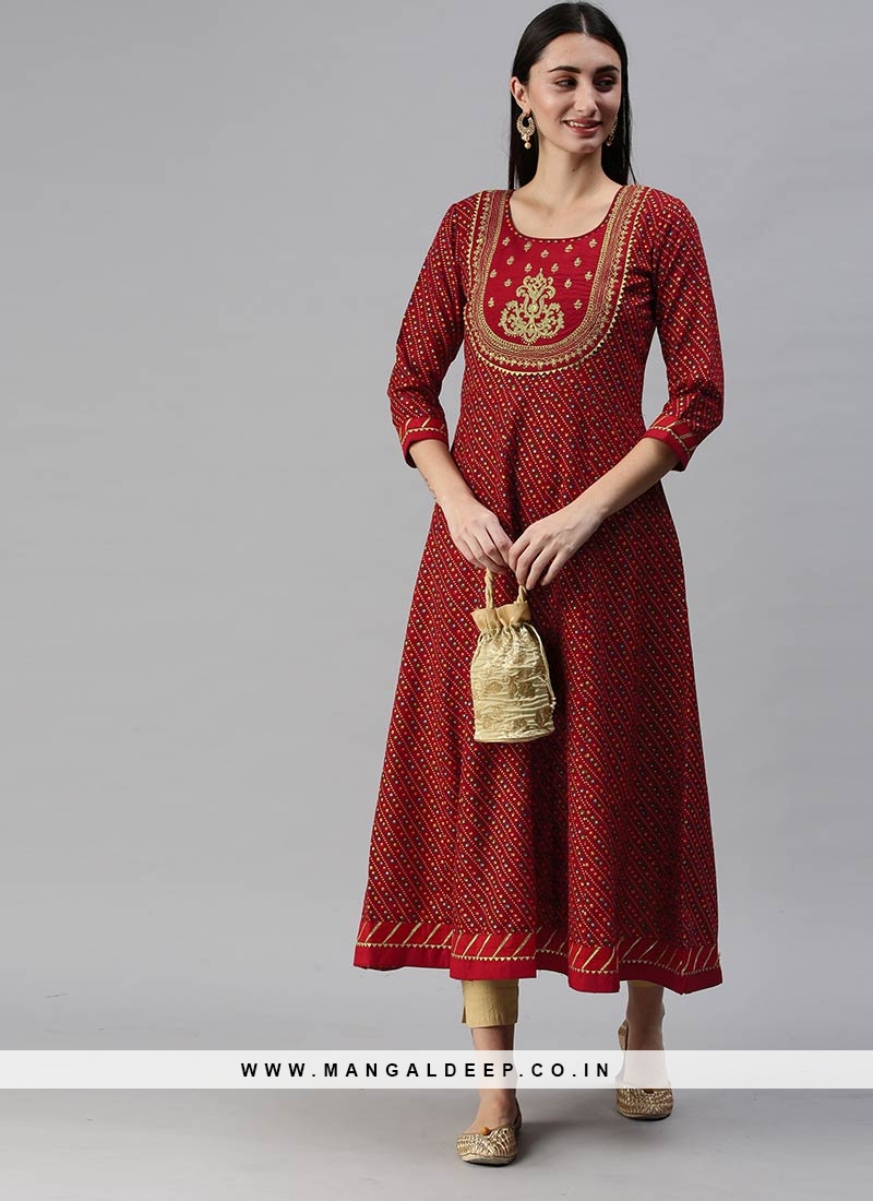 Twara red 3/4th sleeve cotton straight cut kurti highlighted with unique  motifs