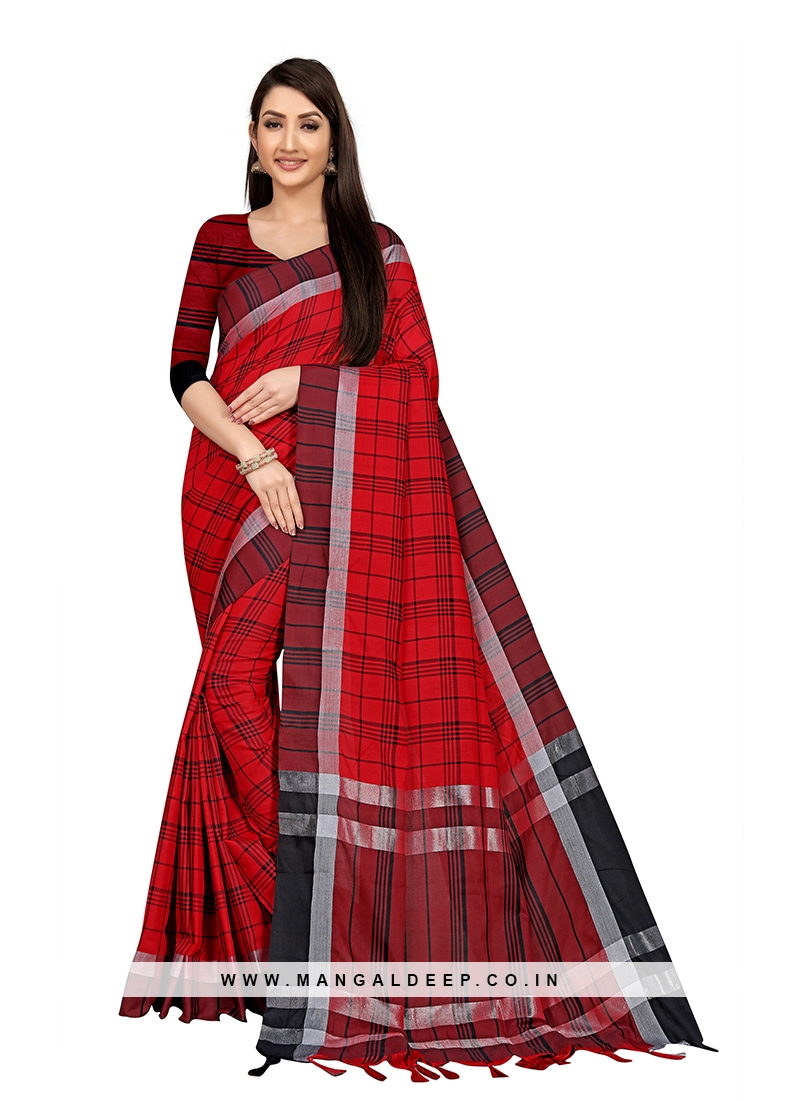 Red Color Cotton Silk Casual Wear Saree
