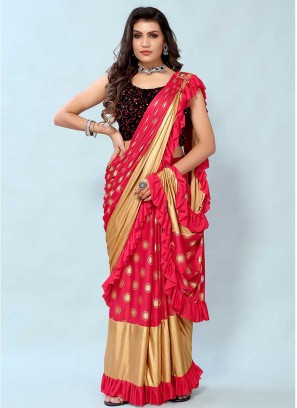 Red Color Crepe Ruffle Saree