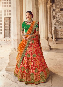 Red Color Embroidered Banarasi Lehenga