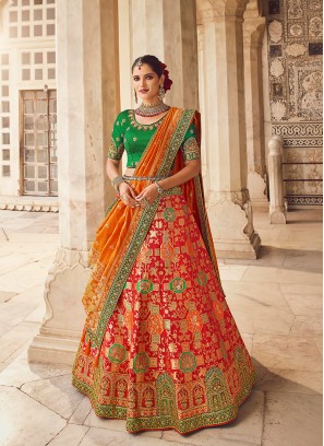 Red Color Embroidered Banarasi Lehenga