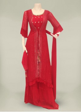 Red Color Embroidered Georgette Plazo Dress