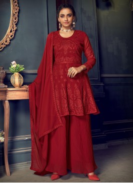 Red Color Embroidered Georgette Sharara Suit