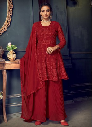 Red Color Embroidered Georgette Sharara Suit