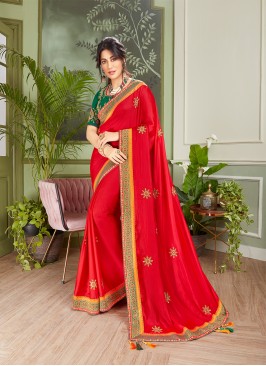 Red Color Embroidered Saree For Girl