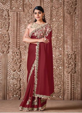 Red Color Embroidered Satin Silk Saree