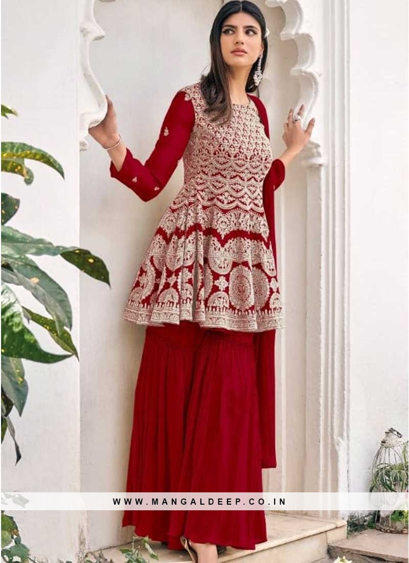 Red Color Embroidered Sharara