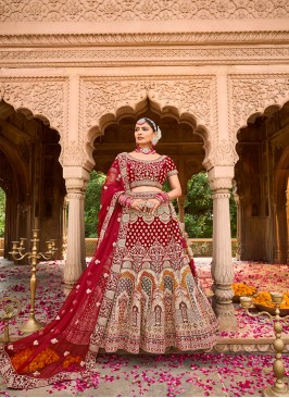 Red  Color Embroidered, Stone, Mirror Work Lehenga