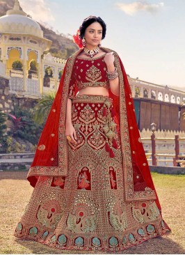 Red Color Embroidered Velvet Lehenga Choli