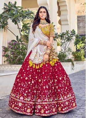 Red Color Floral Design Lehenga