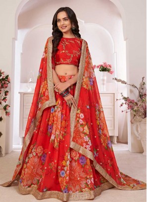 Red Color Floral Print Georgette Lehenga