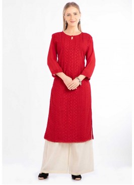 Red Color Georgette Chikan Work Kurti