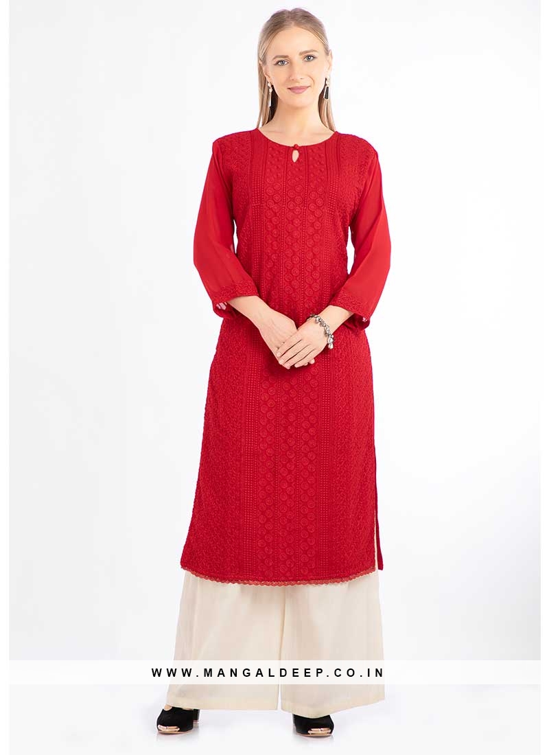 red and pink plain georgette kurti top