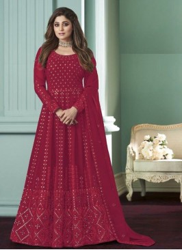 Red Color Georgette Embroidered Anarkali Suit