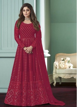 Red Color Georgette Embroidered Anarkali Suit