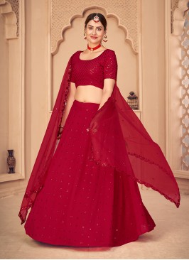Red Color Georgette Embroidered Lehenga
