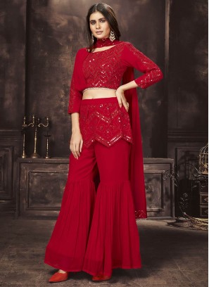 Red Color Georgette Readymade Sharara Suit