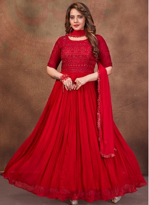 Red Color Georgette Thread Work Anarkali Dress