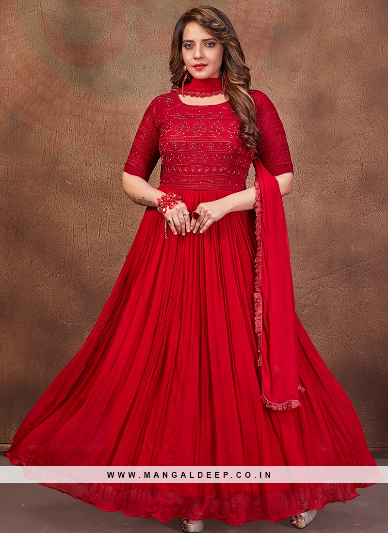 Red Color Georgette Thread Work Anarkali Dress