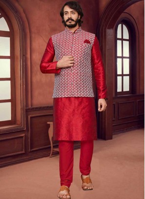 Red Color Mens Kurta With Jacket
