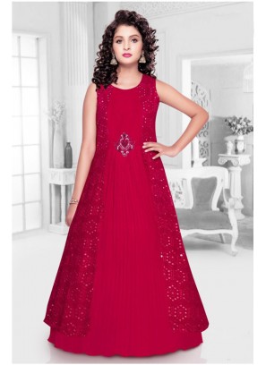 Red Color Mirror Work Georgette Kids Gown