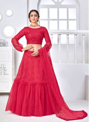 Red Color Net Sequins Work Lehenga