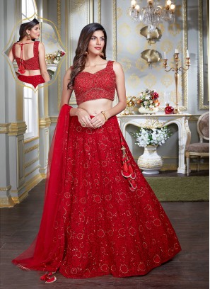 Red Color Net Thread Work Lehenga Choli