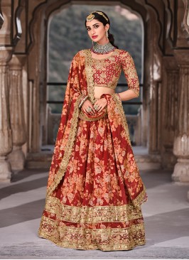 Red Color Organza Printed Lehenga