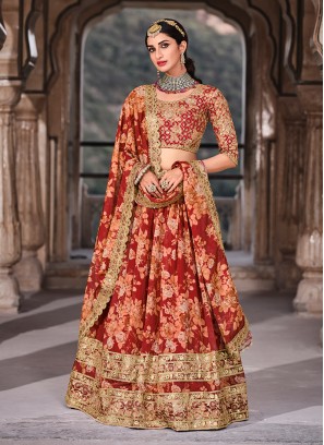 Red Color Organza Printed Lehenga