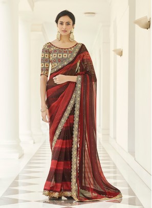 Red Color organza Thread Work Saree