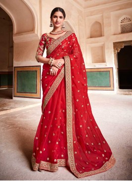 Red Color Organza Zari Work Wedding Wear Saree