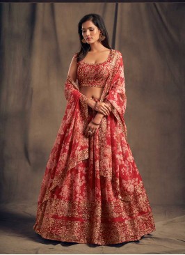 Red Color Printed Party Wear Lehenga
