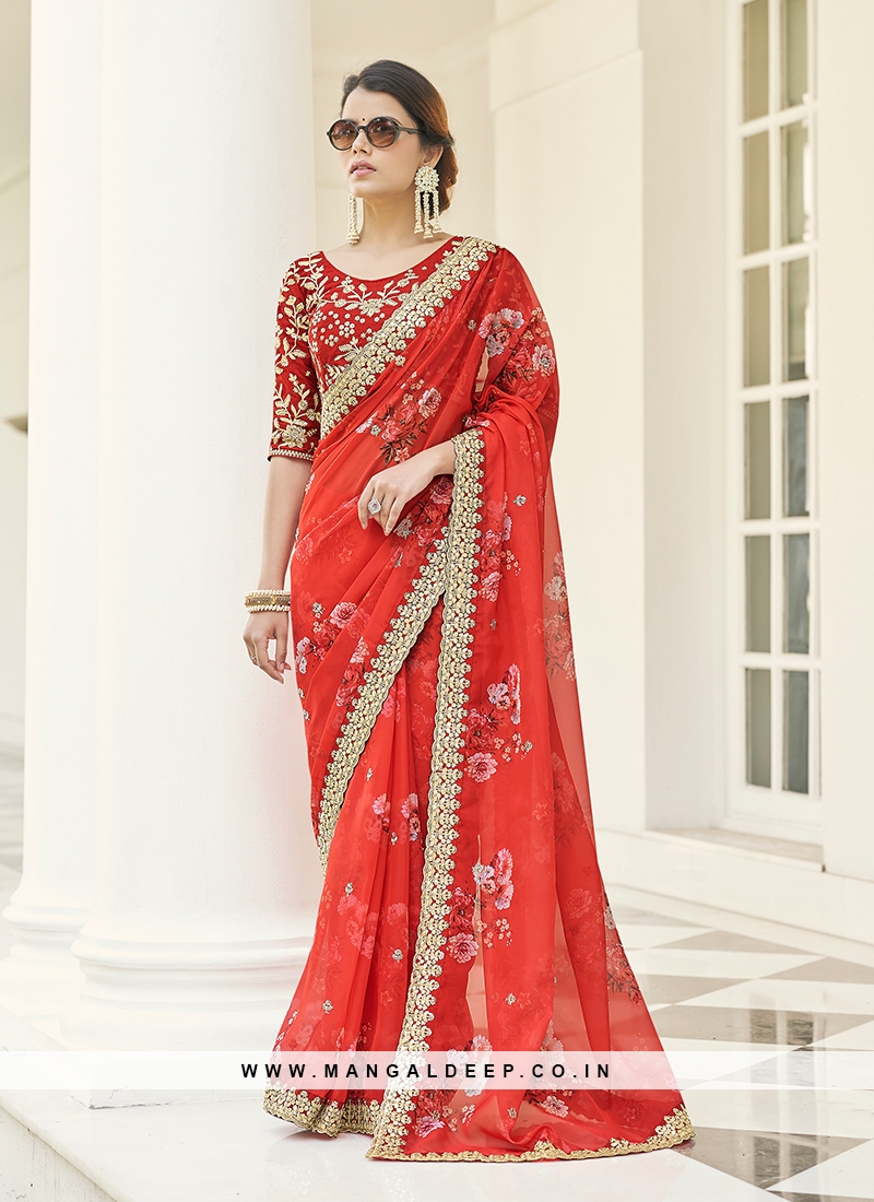 Red Color Printed Saree With Heavy Blouse