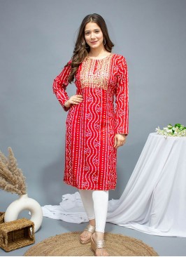 Red Color Rayon Bandhej Print Kurti
