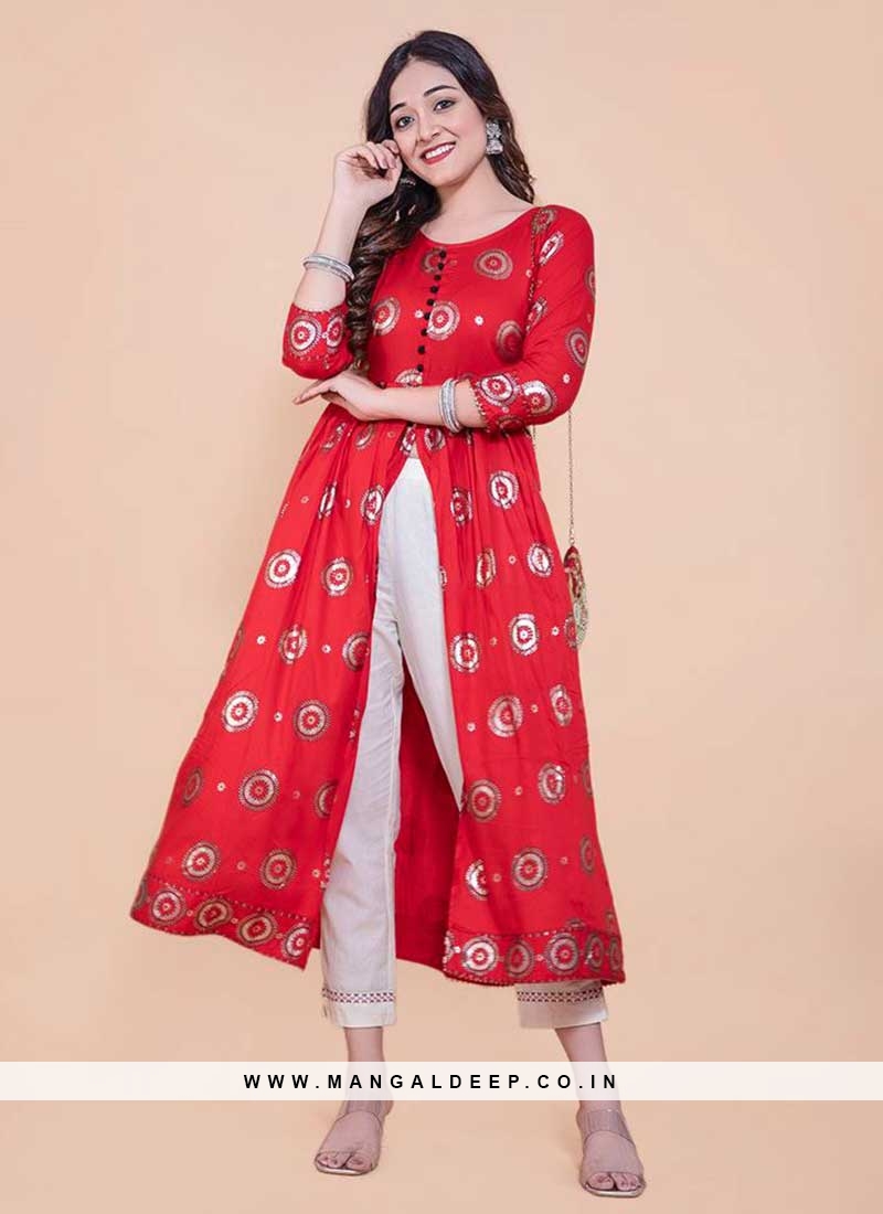 Red Color Rayon Front Cut Style Kurti